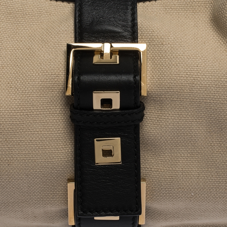 Pre Owned Saint Laurent Black/Cream Canvas and Leather Buckle Shoulder Bag