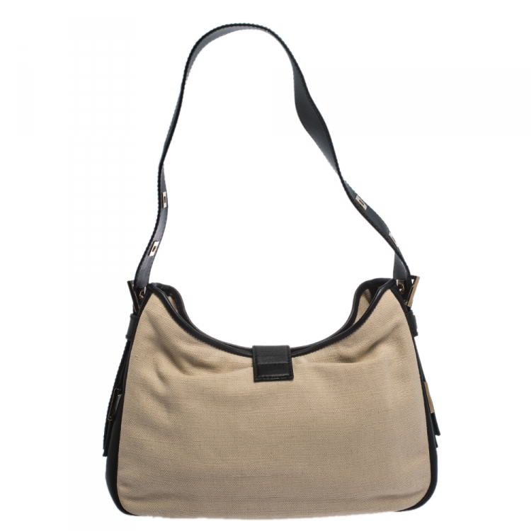 Pre Owned Saint Laurent Black/Cream Canvas and Leather Buckle Shoulder Bag