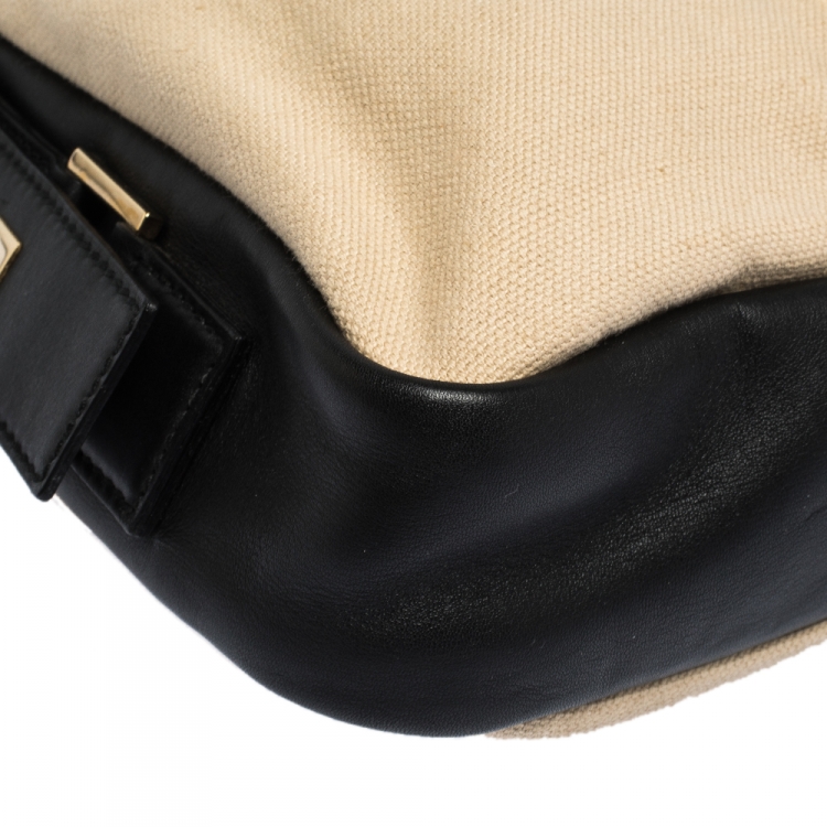 Pre Owned Saint Laurent Black/Cream Canvas and Leather Buckle Shoulder Bag