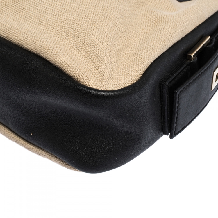 Pre Owned Saint Laurent Black/Cream Canvas and Leather Buckle Shoulder Bag