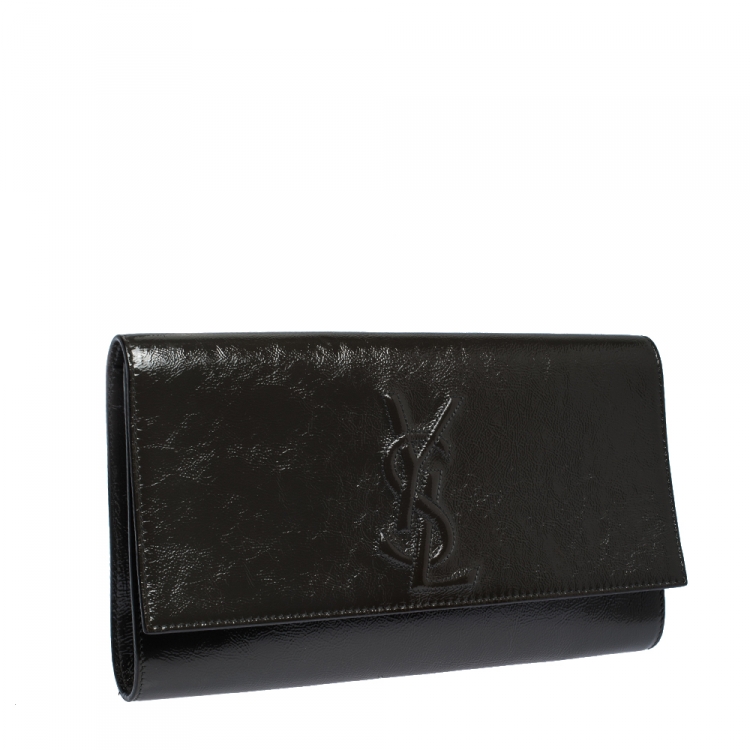 Pre Owned Saint Laurent Dark Grey Patent Leather Belle De Jour Flap Clutch
