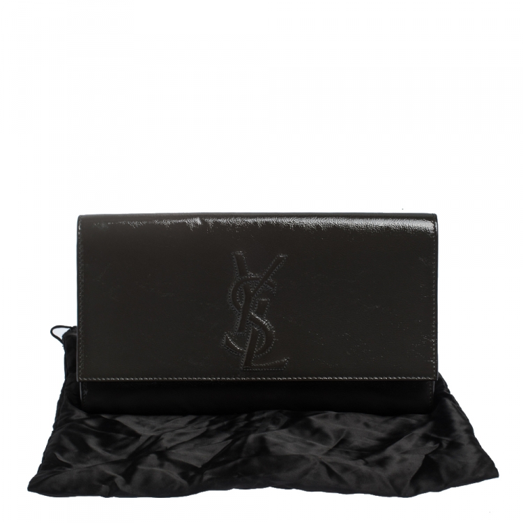 Pre Owned Saint Laurent Dark Grey Patent Leather Belle De Jour Flap Clutch