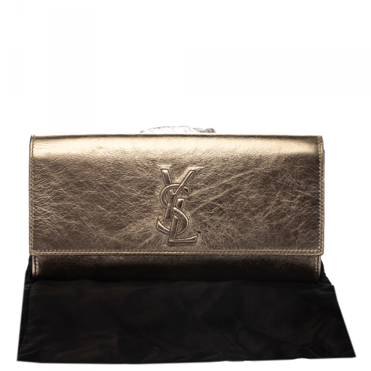 Pre Owned Saint Laurent Gold Leather Belle De Jour Flap Clutch