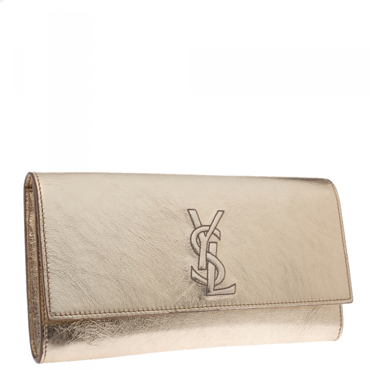 Pre Owned Saint Laurent Gold Leather Belle De Jour Flap Clutch