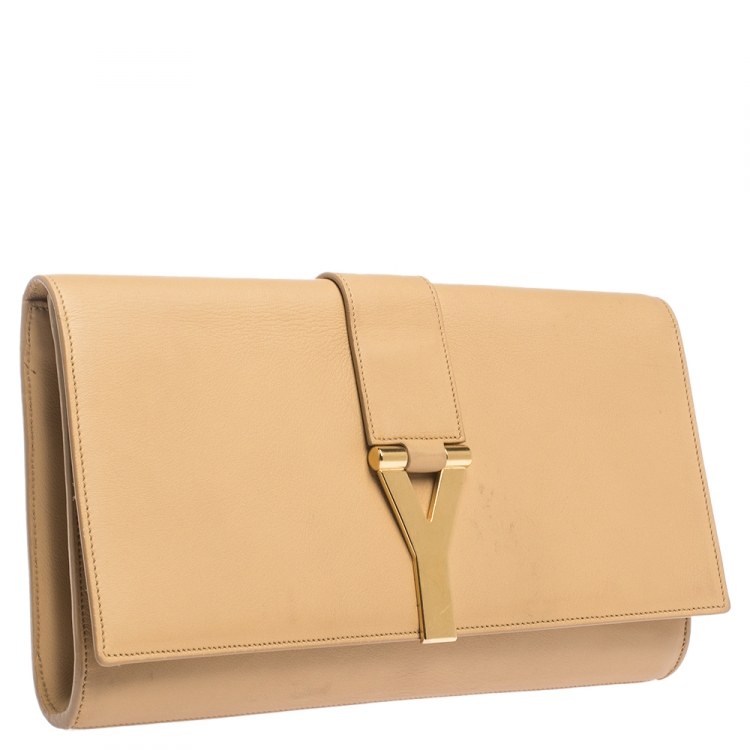 Pre Owned Saint Laurent Paris Beige Leather Y Line Clutch