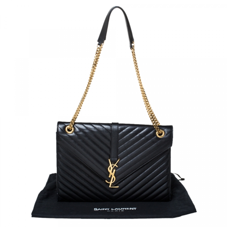 Pre Owned Saint Laurent Black Chevron Quilted Leather Monogram Envelope Shoulder Bag