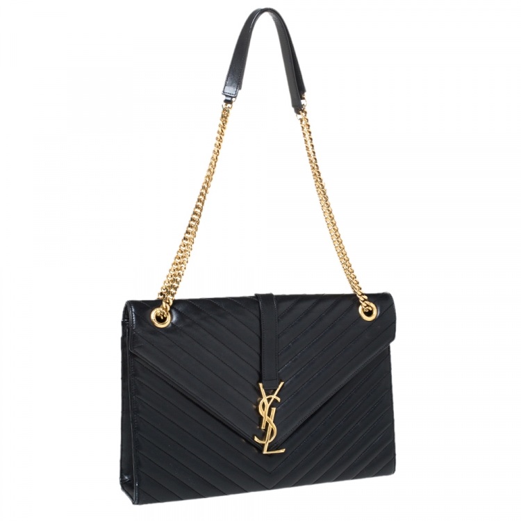 Pre Owned Saint Laurent Black Chevron Quilted Leather Monogram Envelope Shoulder Bag