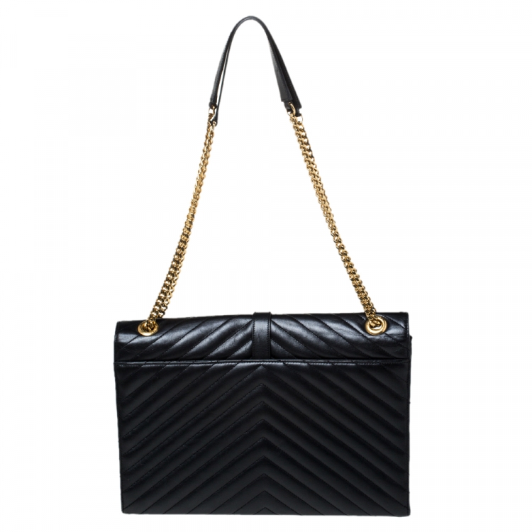 Pre Owned Saint Laurent Black Chevron Quilted Leather Monogram Envelope Shoulder Bag
