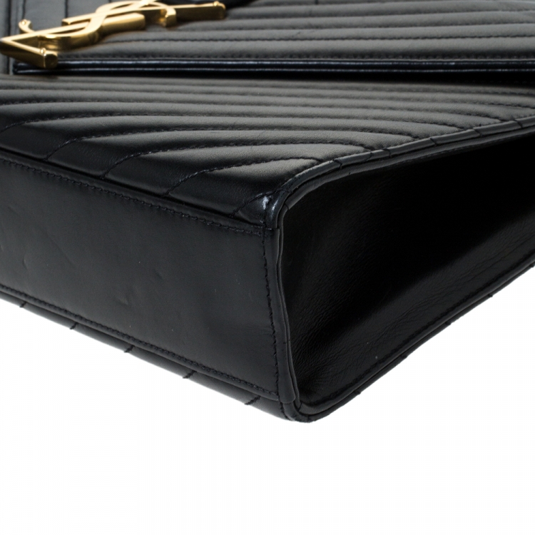 Pre Owned Saint Laurent Black Chevron Quilted Leather Monogram Envelope Shoulder Bag