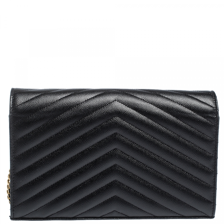 Pre Owned Saint Laurent Paris Black Leather Monogram Wallet On Chain
