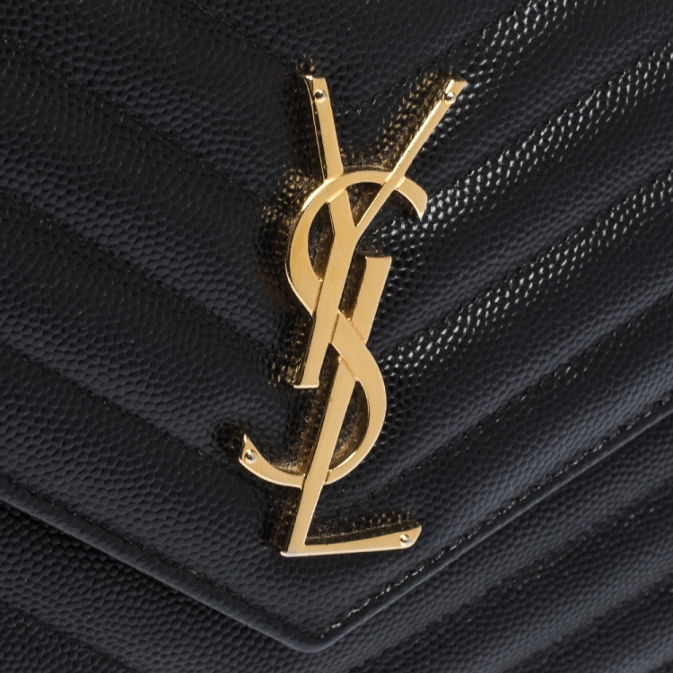 Pre Owned Saint Laurent Paris Black Leather Monogram Wallet On Chain