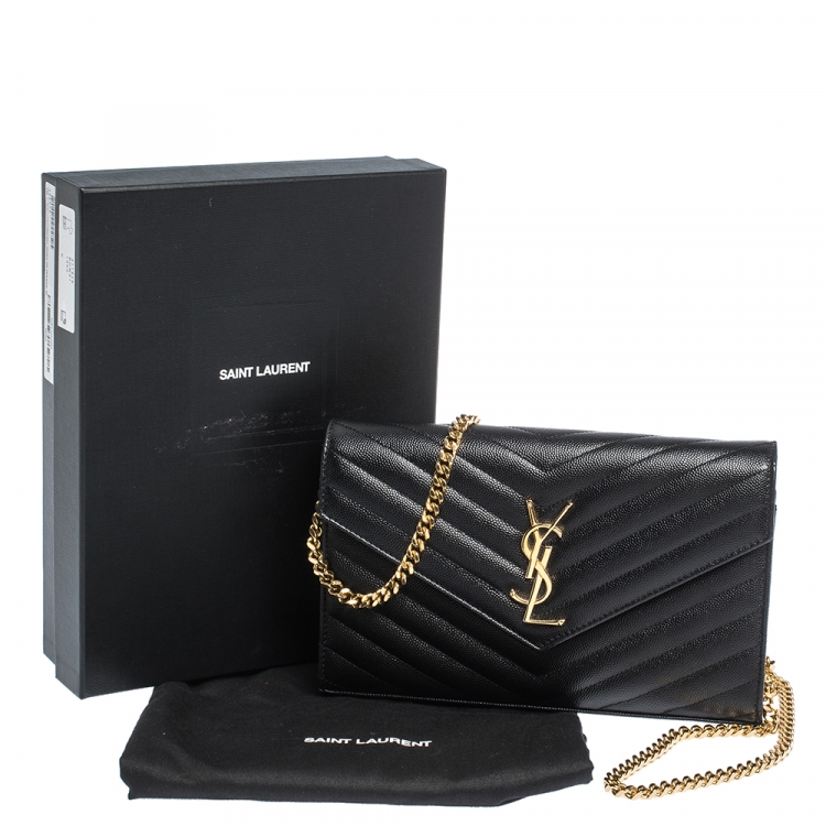 Pre Owned Saint Laurent Paris Black Leather Monogram Wallet On Chain