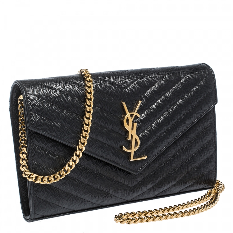 Pre Owned Saint Laurent Paris Black Leather Monogram Wallet On Chain
