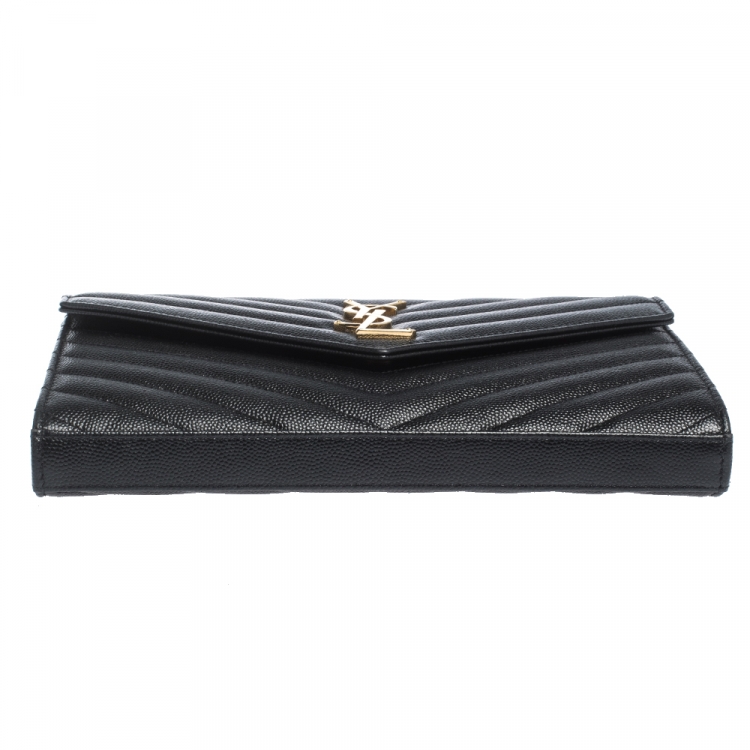 Pre Owned Saint Laurent Paris Black Leather Monogram Wallet On Chain