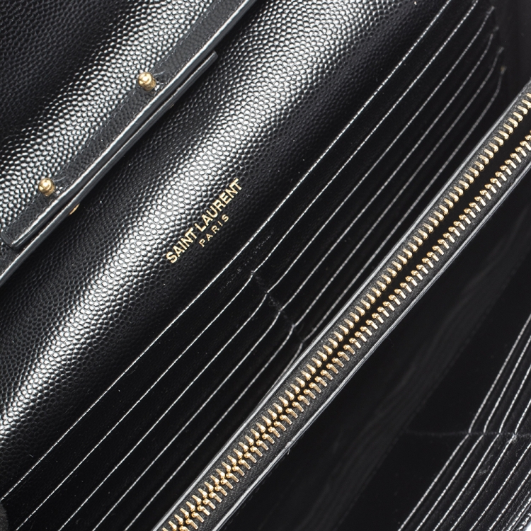 Pre Owned Saint Laurent Paris Black Leather Monogram Wallet On Chain