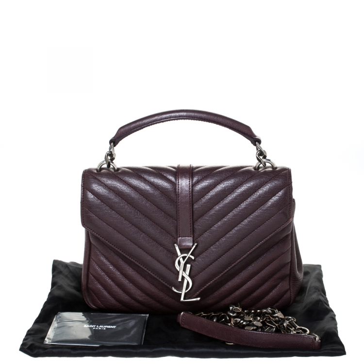 Pre Owned Saint Laurent Burgundy Chevron Quilted Soft Leather Monogram Envelope Flap Shoulder Bag