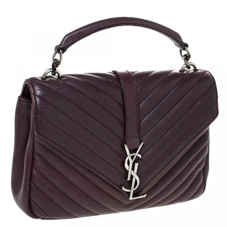 Pre Owned Saint Laurent Burgundy Chevron Quilted Soft Leather Monogram Envelope Flap Shoulder Bag