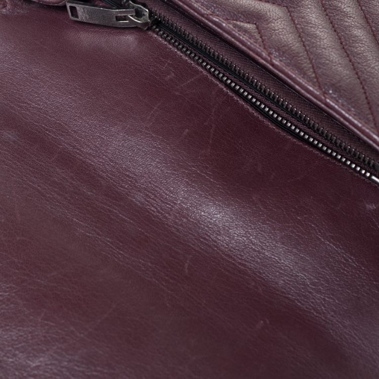 Pre Owned Saint Laurent Burgundy Chevron Quilted Soft Leather Monogram Envelope Flap Shoulder Bag