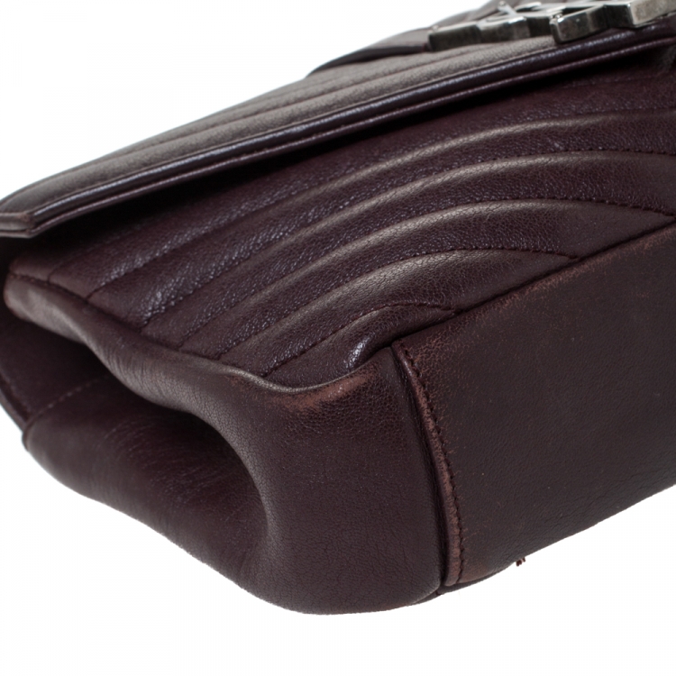Pre Owned Saint Laurent Burgundy Chevron Quilted Soft Leather Monogram Envelope Flap Shoulder Bag