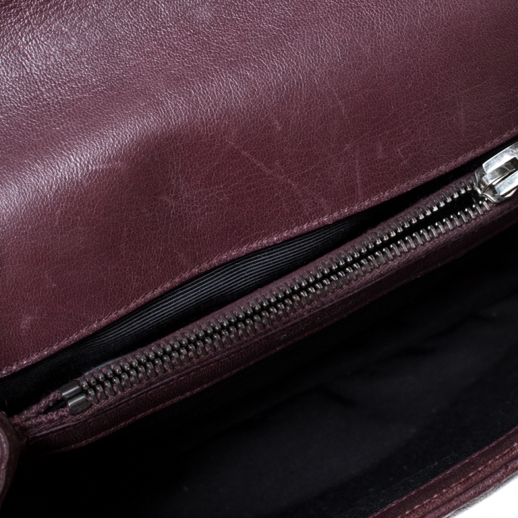 Pre Owned Saint Laurent Burgundy Chevron Quilted Soft Leather Monogram Envelope Flap Shoulder Bag