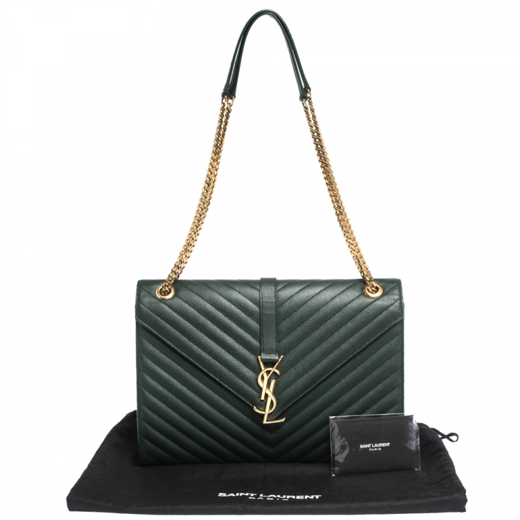 Pre Owned Saint Laurent Green Chevron Quilted Leather Monogram Envelope Shoulder Bag