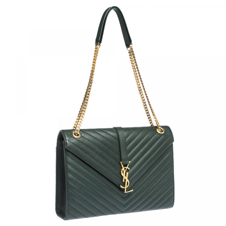 Pre Owned Saint Laurent Green Chevron Quilted Leather Monogram Envelope Shoulder Bag