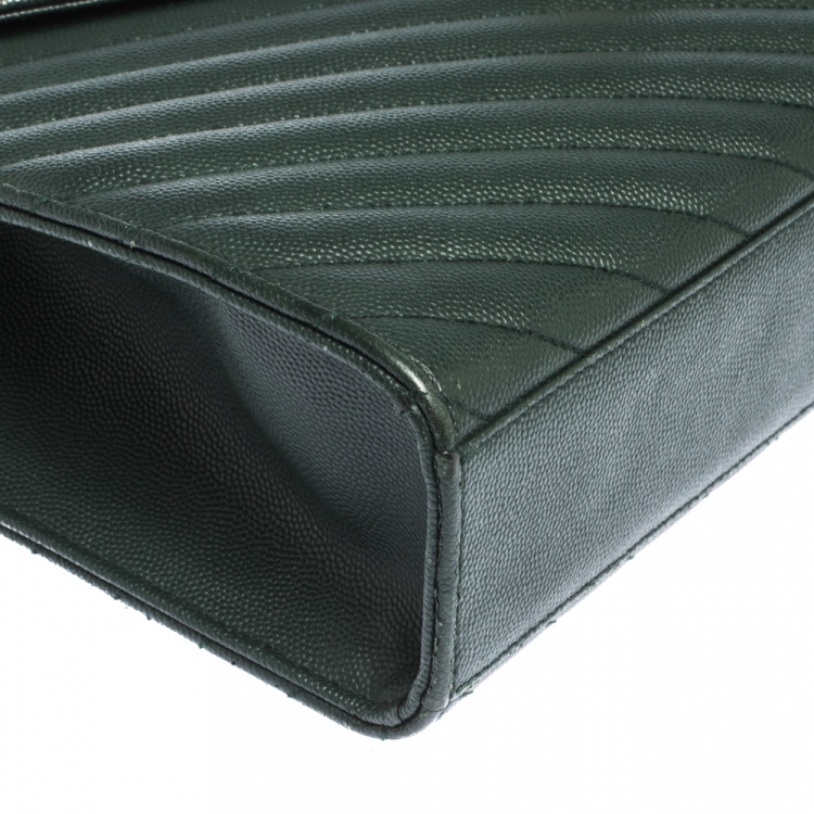 Pre Owned Saint Laurent Green Chevron Quilted Leather Monogram Envelope Shoulder Bag