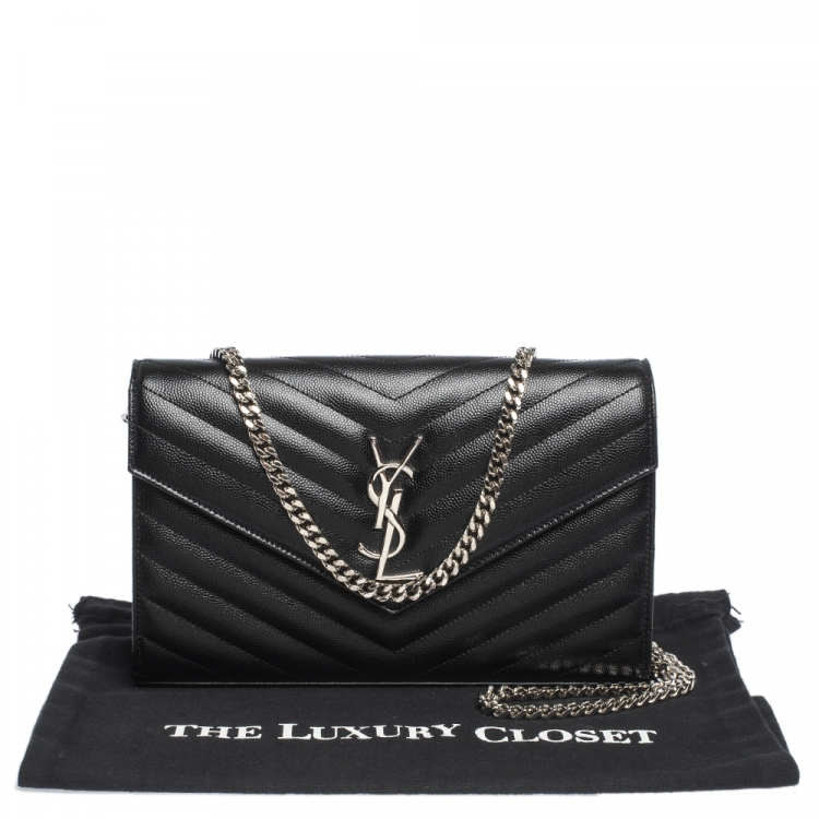 Pre Owned Saint Laurent Black Matelasse Leather Monogram Chain Clutch