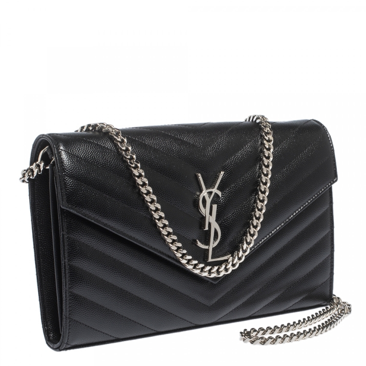 Pre Owned Saint Laurent Black Matelasse Leather Monogram Chain Clutch