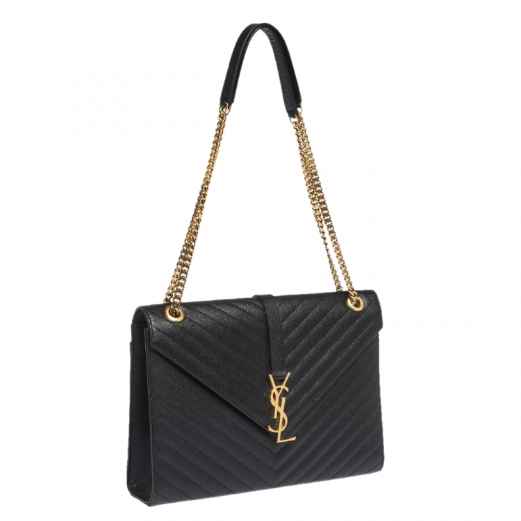 Pre Owned Saint Laurent Black Chevron Quilted Leather Monogram Envelope Shoulder Bag