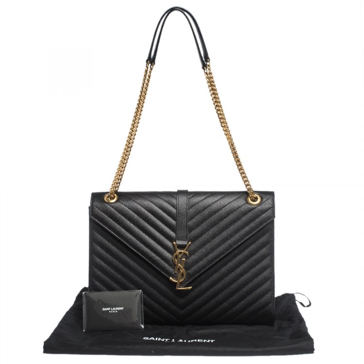 Pre Owned Saint Laurent Black Chevron Quilted Leather Monogram Envelope Shoulder Bag
