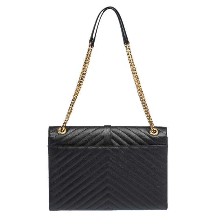 Pre Owned Saint Laurent Black Chevron Quilted Leather Monogram Envelope Shoulder Bag