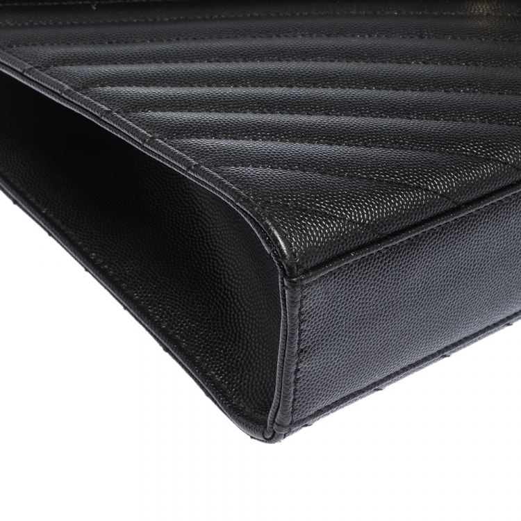 Pre Owned Saint Laurent Black Chevron Quilted Leather Monogram Envelope Shoulder Bag