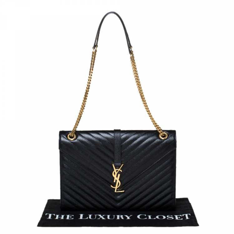 مملوكة مسبقًا Saint Laurent Black Chevron Quilted Leather Monogram Envelope Shoulder Bag