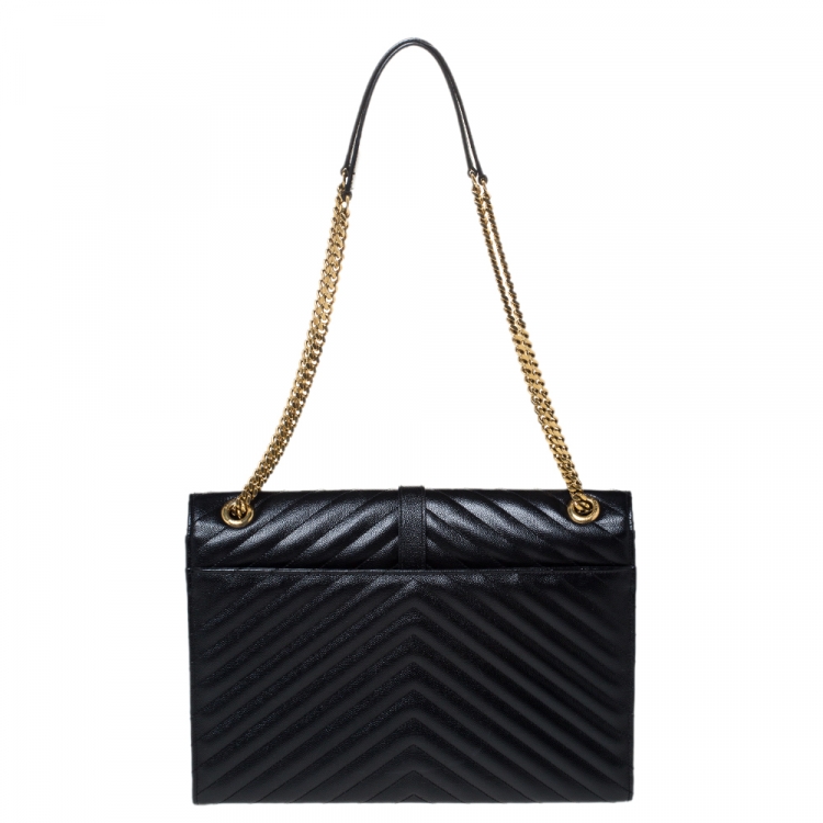 مملوكة مسبقًا Saint Laurent Black Chevron Quilted Leather Monogram Envelope Shoulder Bag
