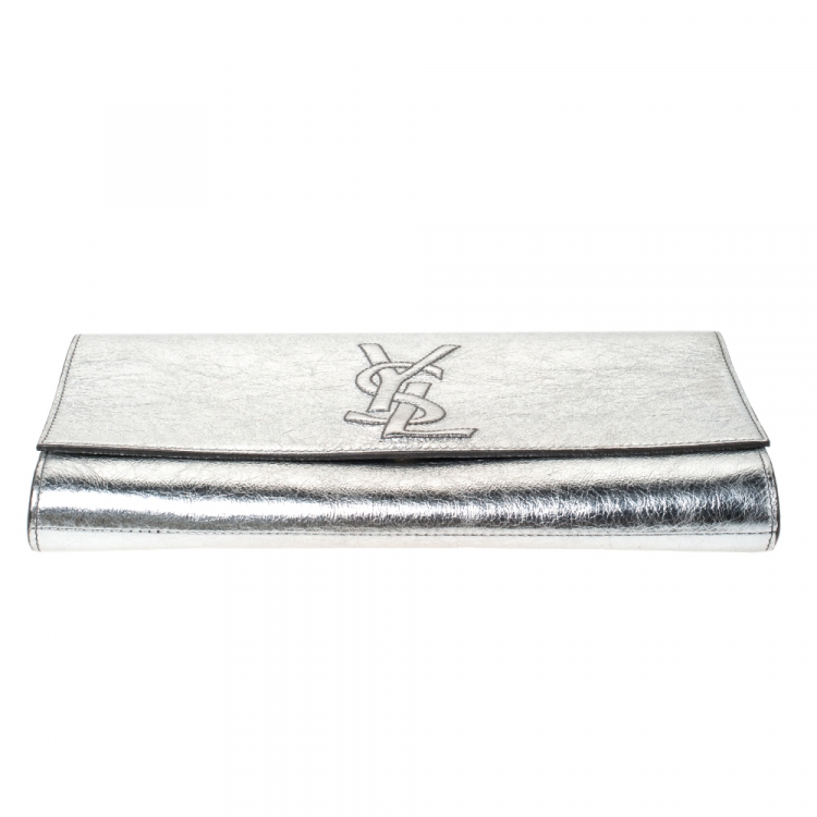 Pre Owned Saint Laurent Metallic Silver Leather Belle De Jour Flap Clutch