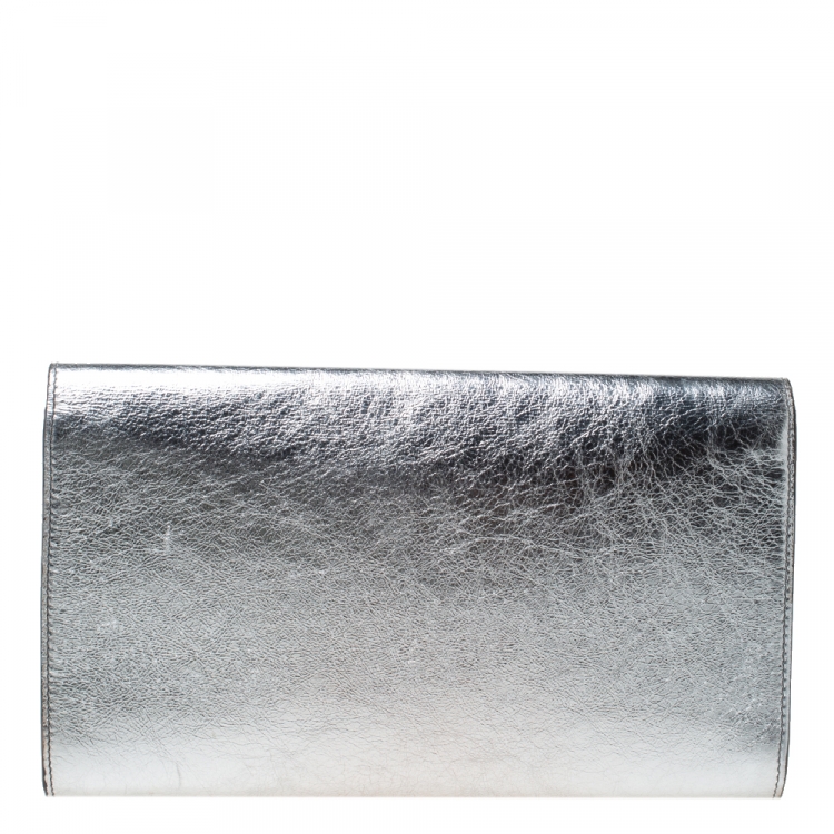 Pre Owned Saint Laurent Metallic Silver Leather Belle De Jour Flap Clutch