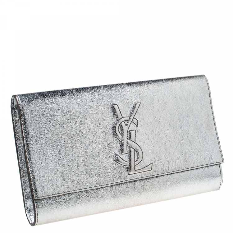 Pre Owned Saint Laurent Metallic Silver Leather Belle De Jour Flap Clutch