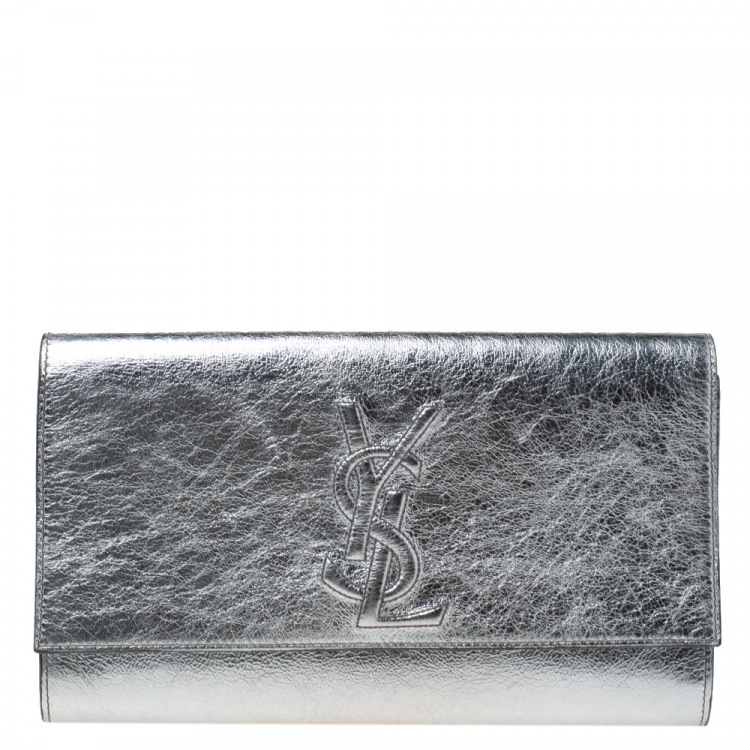 Pre Owned Saint Laurent Metallic Silver Leather Belle De Jour Flap Clutch