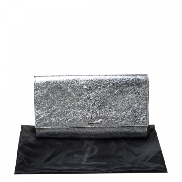 Pre Owned Saint Laurent Metallic Silver Leather Belle De Jour Flap Clutch