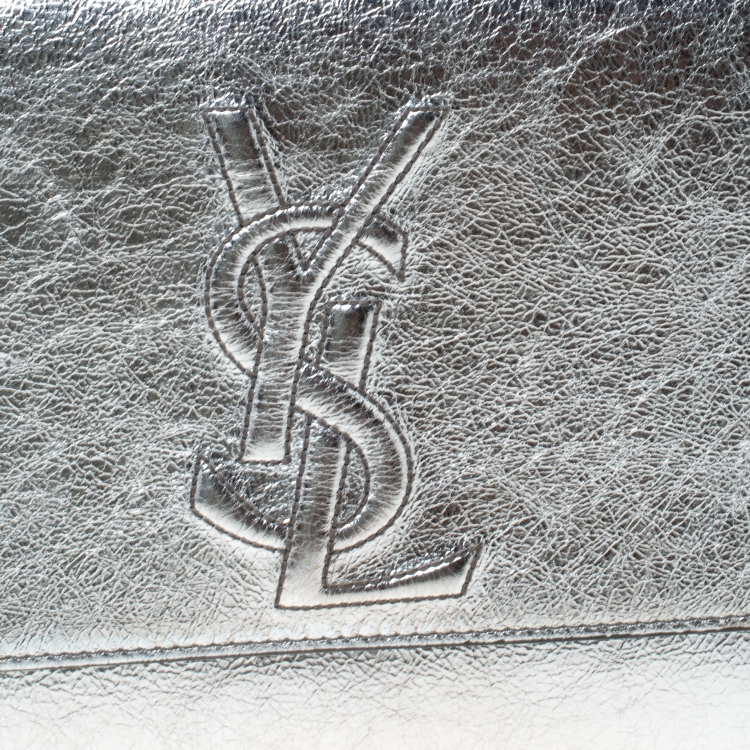 Pre Owned Saint Laurent Metallic Silver Leather Belle De Jour Flap Clutch