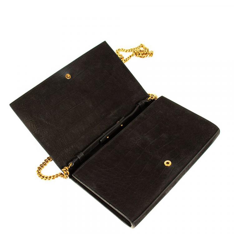 Pre Owned Saint Laurent Black Croc Embossed Suede Monogram Kate Bag