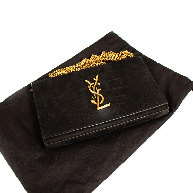 Pre Owned Saint Laurent Black Croc Embossed Suede Monogram Kate Bag