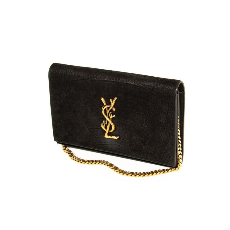 Pre Owned Saint Laurent Black Croc Embossed Suede Monogram Kate Bag