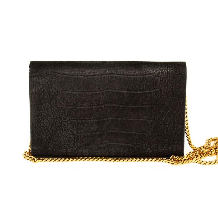 Pre Owned Saint Laurent Black Croc Embossed Suede Monogram Kate Bag