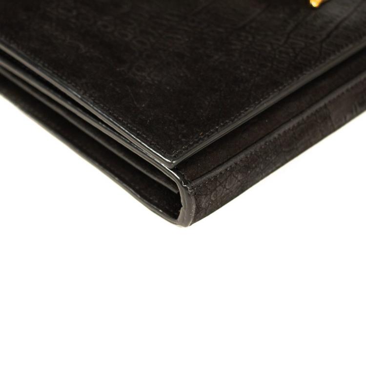 Pre Owned Saint Laurent Black Croc Embossed Suede Monogram Kate Bag