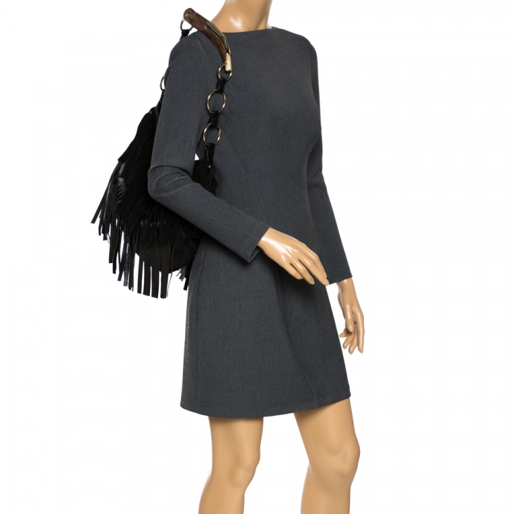Pre Owned Saint Laurent Paris Black Suede and Leather Fringe Mombasa Hobo