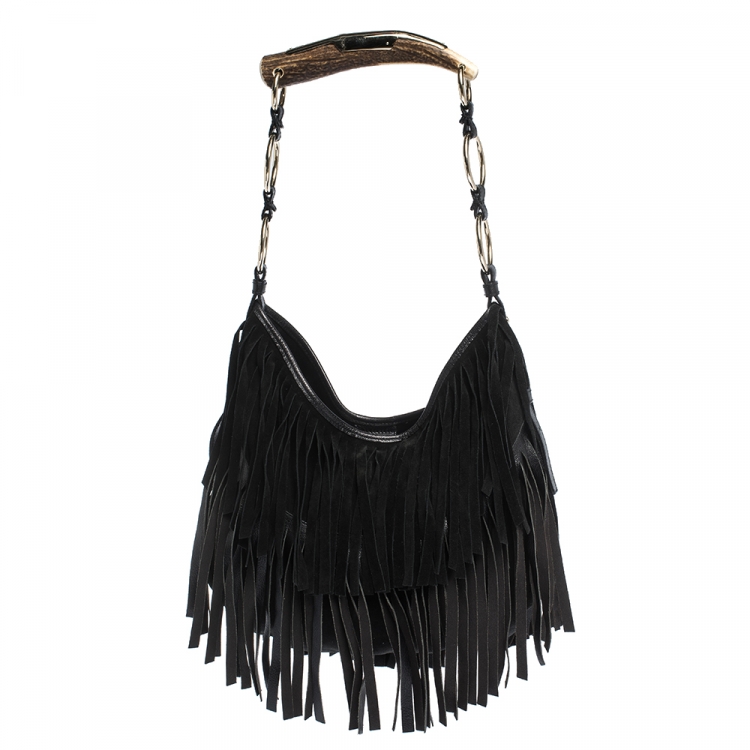 Pre Owned Saint Laurent Paris Black Suede and Leather Fringe Mombasa Hobo