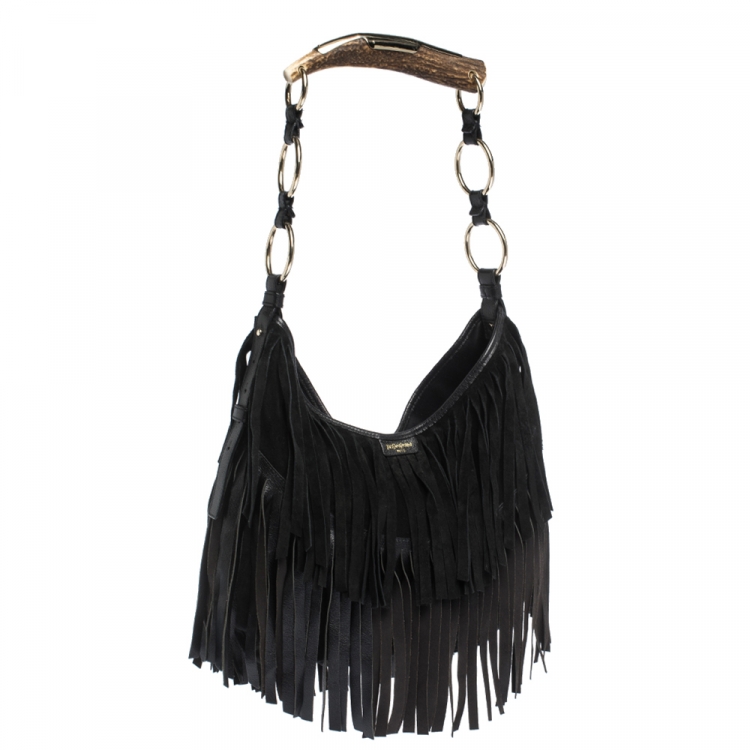 Pre Owned Saint Laurent Paris Black Suede and Leather Fringe Mombasa Hobo