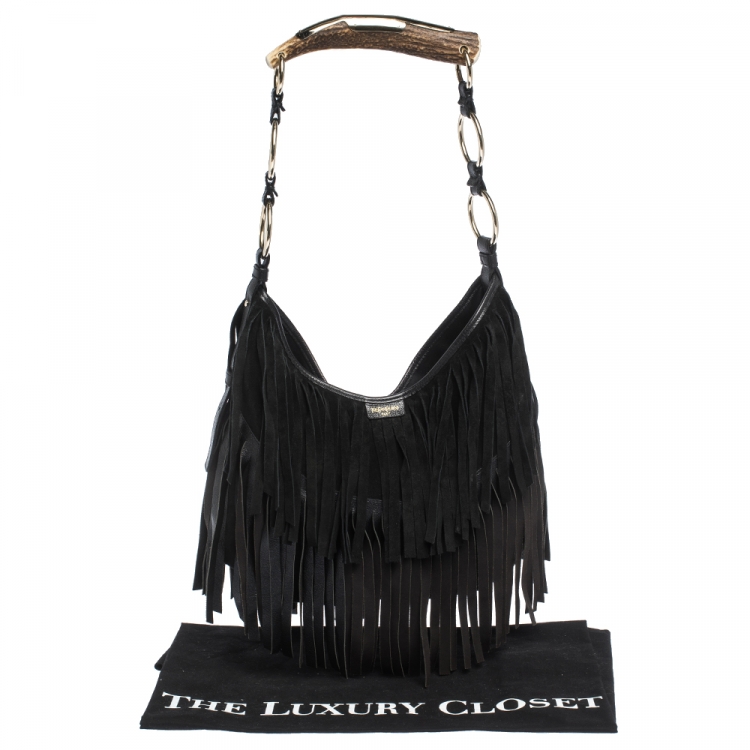 Pre Owned Saint Laurent Paris Black Suede and Leather Fringe Mombasa Hobo